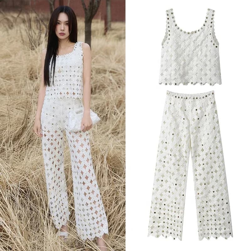 OUDINA Ensemble deux pièces élégant vintage en crochet - Haut et pantalon large