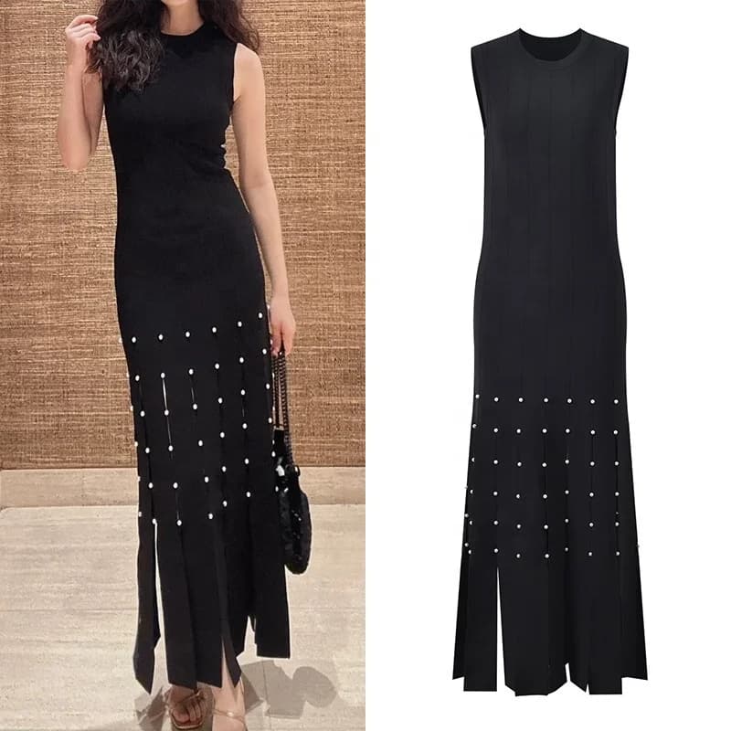 Robe moulante OUDINA de luxe décontractée, à pompons et perles, sans manches