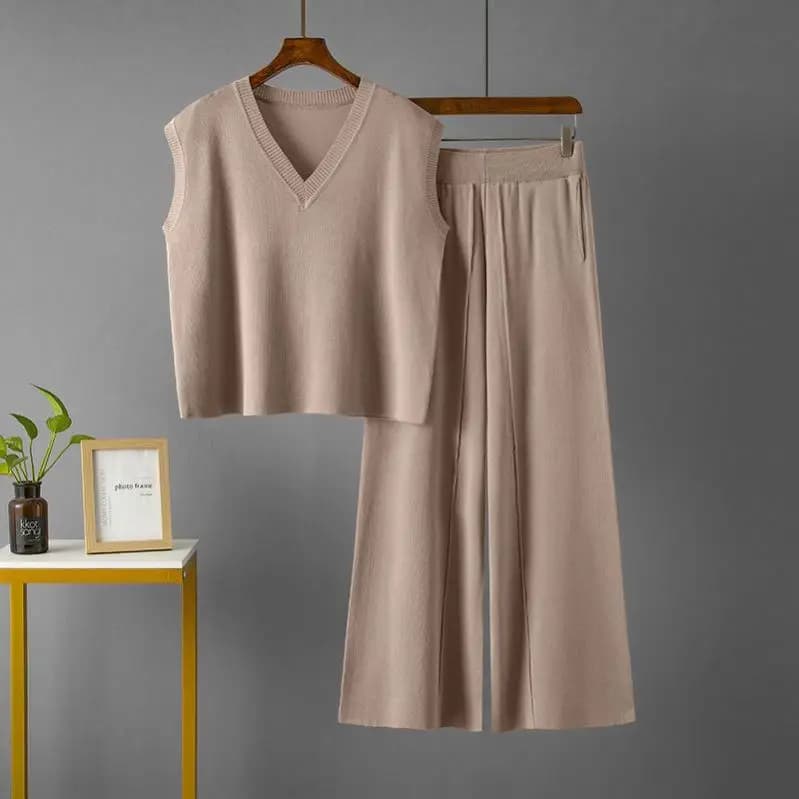 OEM/ODM Ensemble décontracté deux pièces en tricot pour femme - Haut sans manches à col en V et pantalon large