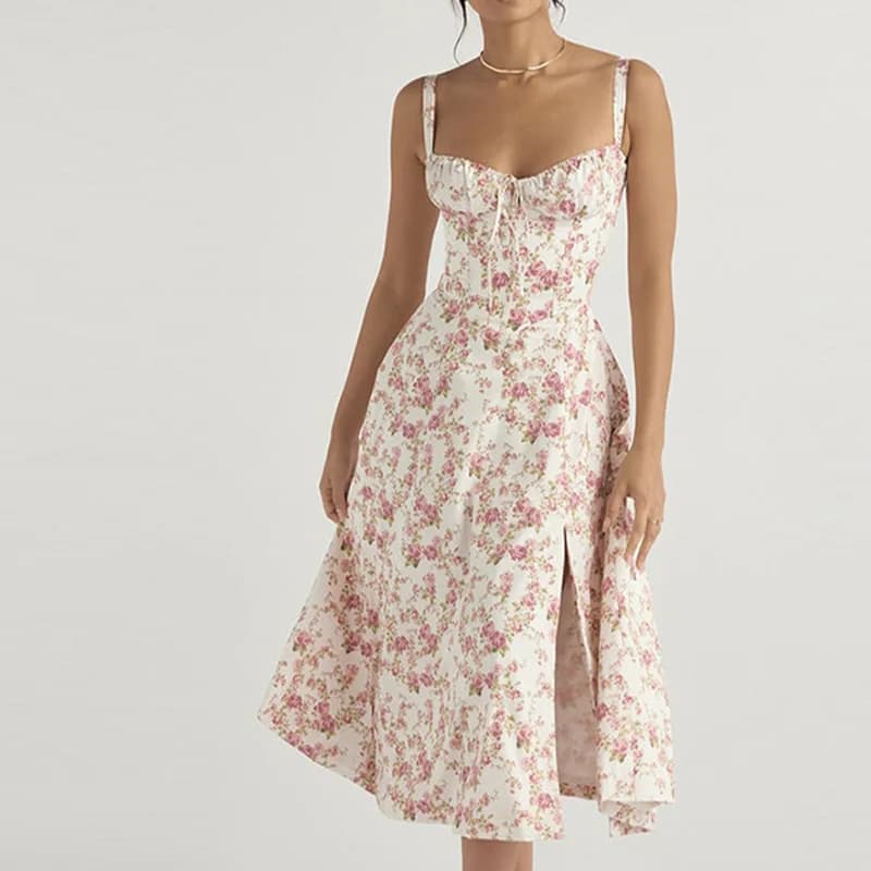 Robe élégante à bretelles fines et motif floral - Tenue de soirée estivale