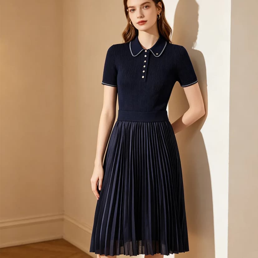 Robe polo plissée élégante - Manches courtes, Mode haut de gamme